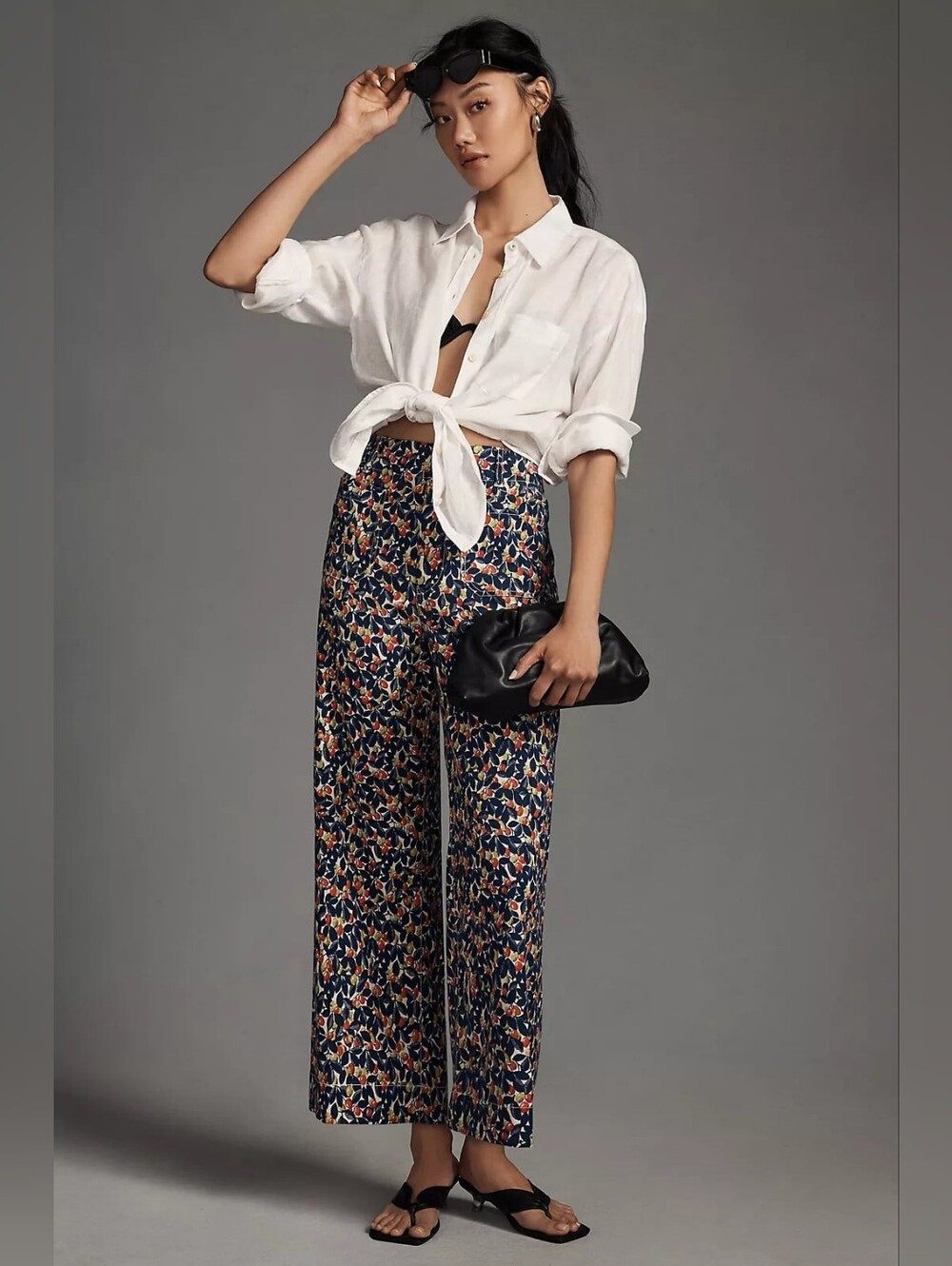 Anthropologie Maeve The Colette Wide Leg Linen Blend Pants Navy Floral Print 28